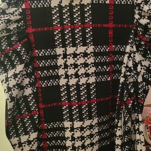 Black and White Plaid Blouse with Red Accents. Youthful Puffy Shoulders.